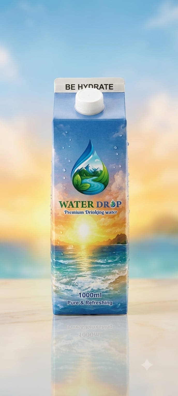 SLG Waterdrop premium water carton against a sunset sky